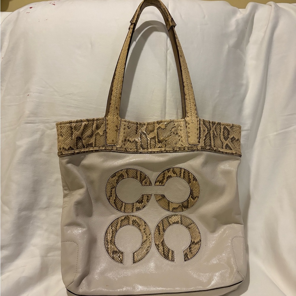 Beige Tote Bag with Snake-Print Accents - Designer Style